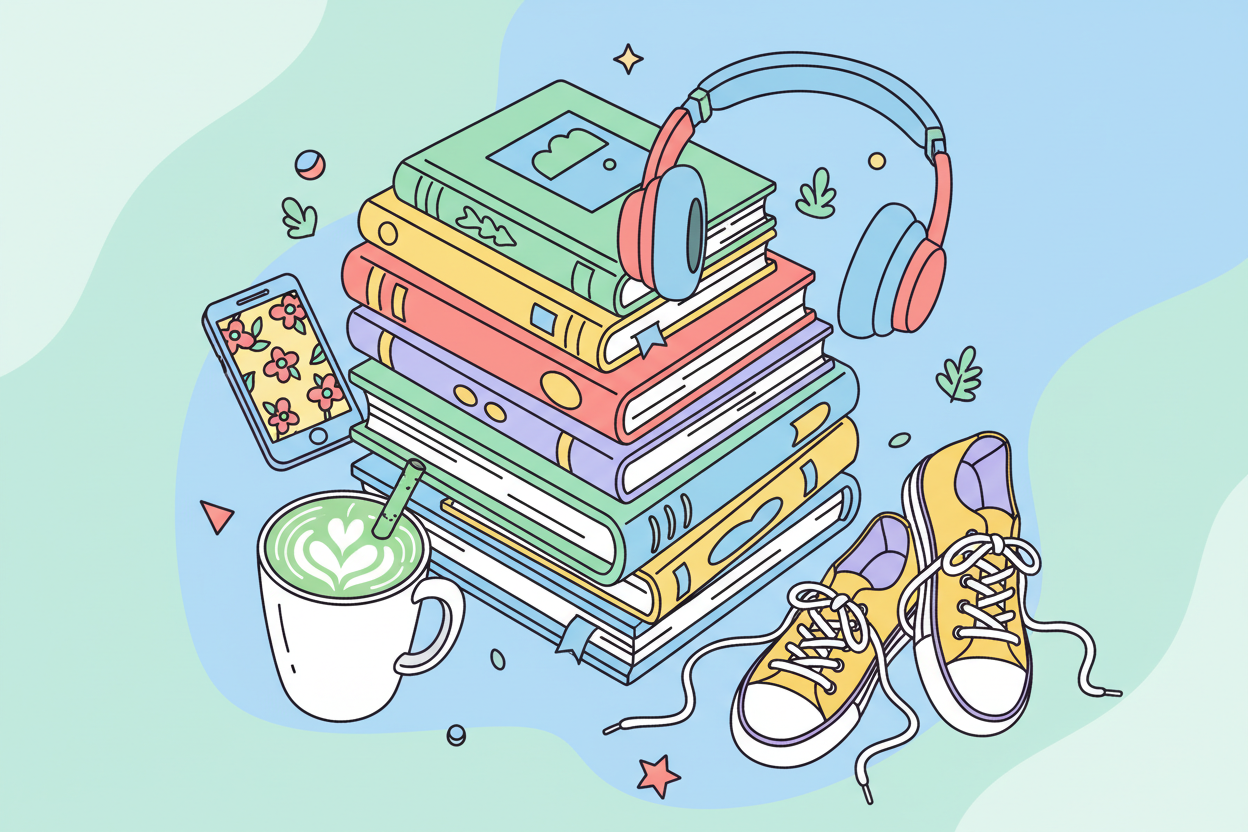 delete the cat add more things like headphones phone matcha cup 